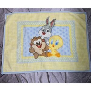 VTG Baby Looney Tunes Tweety Bird Bugs Bunny Taz Baby Blanket Yellow Blue